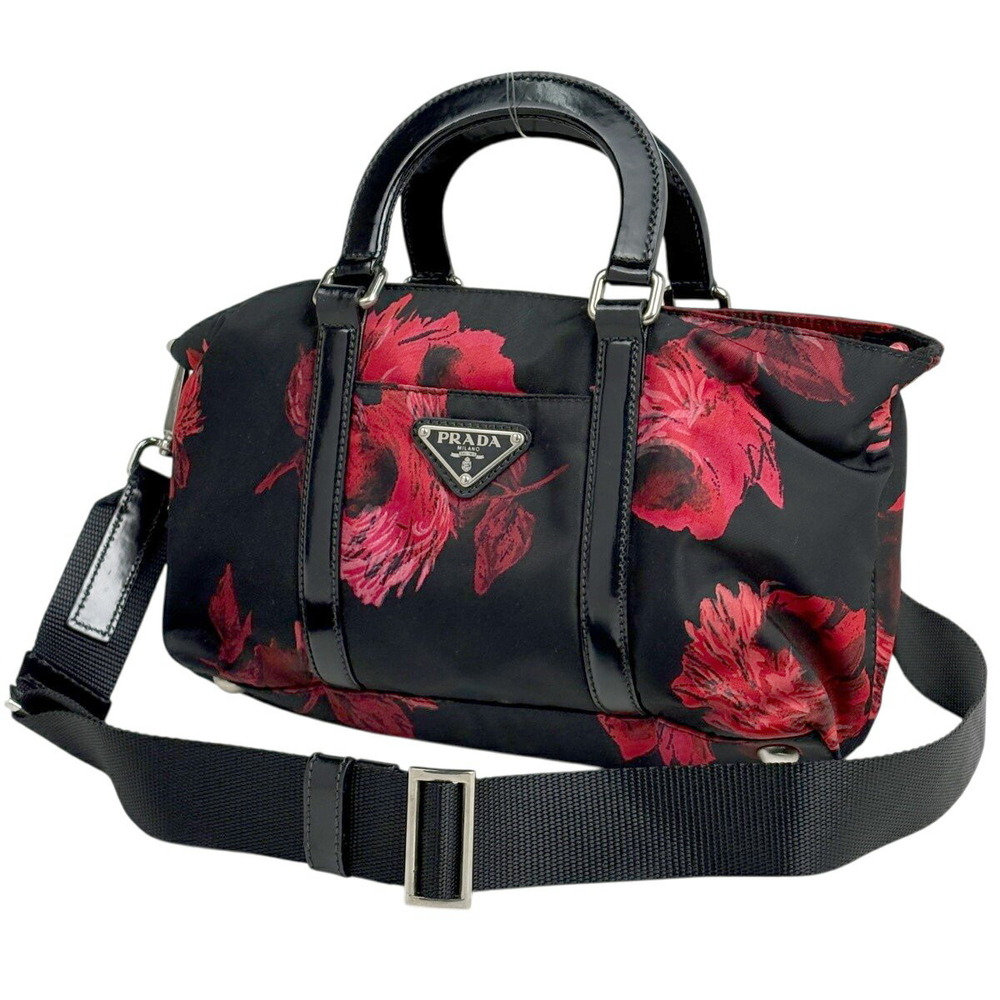 Prada Logo Plate Handbag Shoulder Bag Flower Nero Black Red